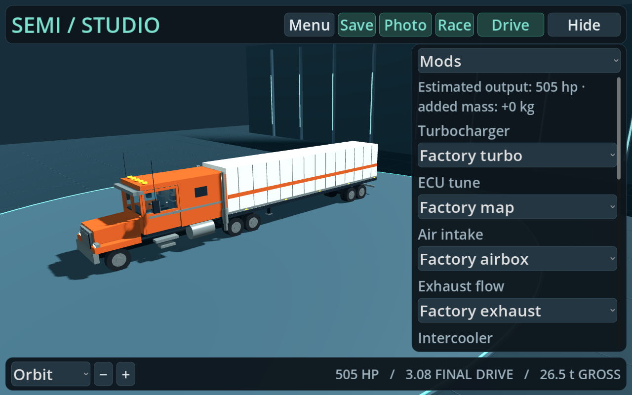 3D semi-truck customization studio with a large truck view and performance controls