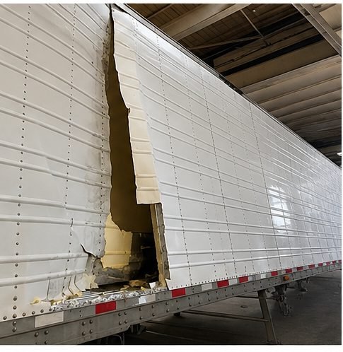Trailer before repair - showing damage and wear